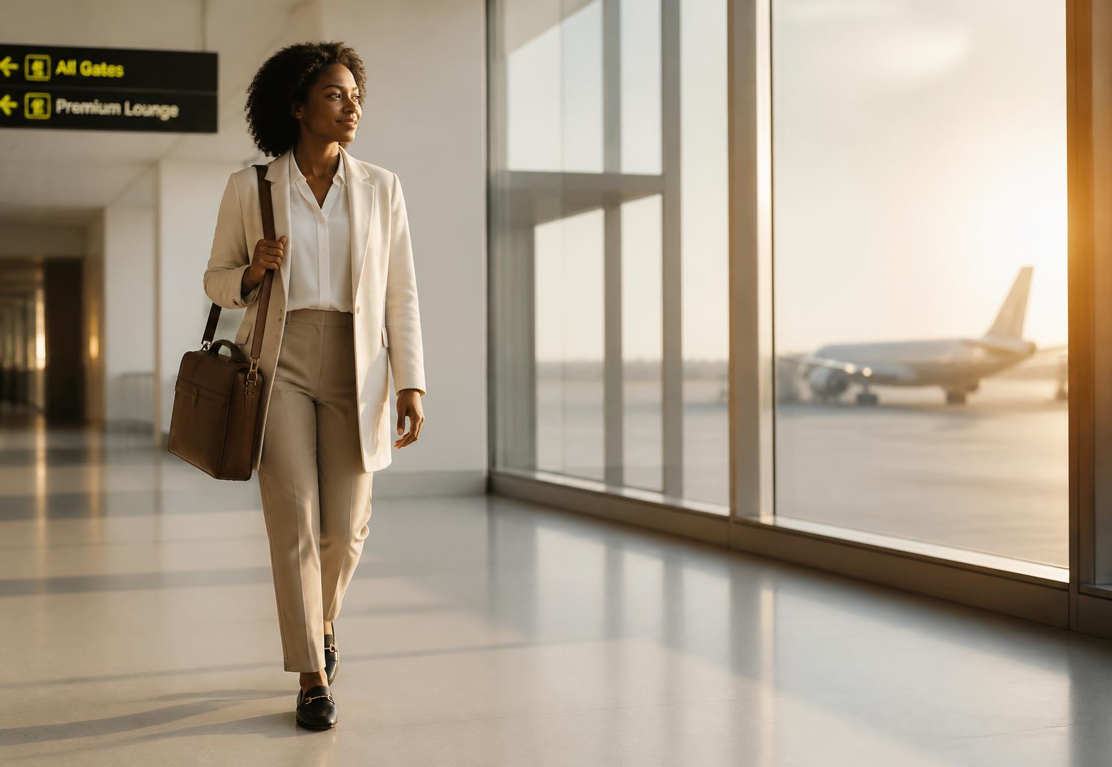 African professional walking through an international airport terminal