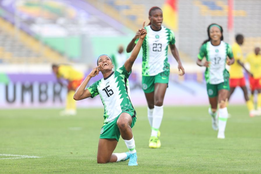Rasheedat Ajibade of Nigeria celebrates after scoring against Cameroon in the Women Africa Cup of Nations, WAFCON 2022, quarter-finals. PHOTO: CAF