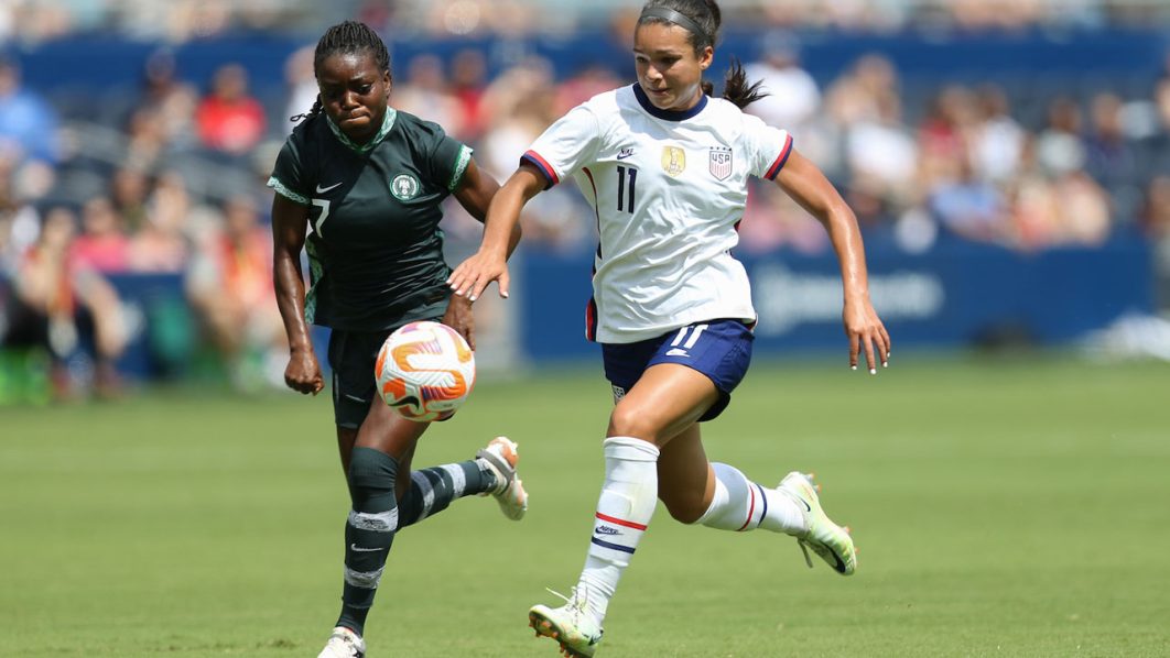 Super Falcons’ Tony Payne (left) tries to stop USWNT’s Sophia Smith during their first friendly game in Kansas City, U.S. Both teams will go at it again in Washington DC… today. PHOTO: SOCCERWIRE.COM