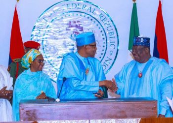 Minister of State for Finance, Prince Clem Ikanade Agba (left); Minister of Finance, Zainab Ahmed; President Muhammadu Buhari; President of the Senate, Dr. Ahmad Lawan and Speaker, House of Representatives, Femi Gbajabiamila during the signing of 2023 budget into law at the State House, Abuja… yesterday. PHOTO: PHILIP OJISUA