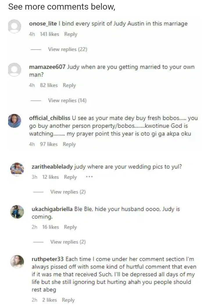 “Post your wedding photos too” – Netizens drag actress, Judy Austin over message to newlywed colleague, Nkiru Sylvanus (Video)
