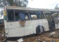A general view of the scene of a bus accident in Kaffrine, central Senegal, on January 8, 2023 where at least 38 people have died and scores were injured when two buses collided. – In response to the “grave” accident, President Macky Sall announced three days of national mourning beginning on Januar 9, 2023. (Photo by Cheikh Dieng / AFP)