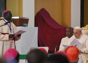 Pope Francis (R) attends a meeting with bishops, priests, deacons, consecrated persons and seminarians at the Cathedral of Saint Therese in Juba, South Sudan, on February 4, 2023. – Pope Francis will meet South Sudan’s religious leaders, who work with the poor and marginalised and are deeply respected in the devout country where 60 percent of its 12 million people are Christian. (Photo by Tiziana FABI / AFP)