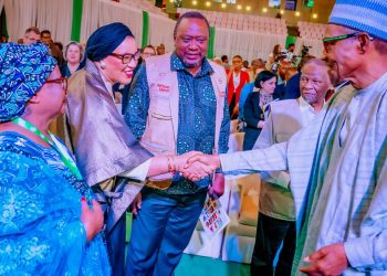 President Muhammadu Buhari (right); Chairperson of Commonwealth Election Observers, Thabo Mbeki; former Kenyan President, Uhuru Kenyatta and Commonwealth Secretary-General, Patricia Scotland during the signing of Peace Accord for 2023 presidential election in Abuja…yesterday.PHOTO: PHILIP OJISUA