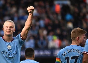 [FILE] Manchester City’s Norwegian striker Erling Haaland celebrates scoring the team’s second goal from the penalty spot during the English Premier League football match between Manchester City and Brighton and Hove Albion at the Etihad Stadium in Manchester, north west England, on October 22, 2022. (Photo by Oli SCARFF / AFP)