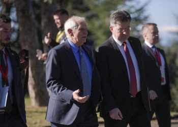 EU High Representative for Foreign Affairs and Security Policy Josep Borrell (L) and EU Special Representative for the Belgrade-Pristina Dialogue Miroslav Lajcak arrive for meetings, as part of Kosovo-Serbia talks, in Ohrid on March 18, 2023. – Kosovo’s prime minister and Serbia’s president are holding talks at a meeting chaired by the EU’s foreign policy chief, aimed at normalising relations between the two countries. The negotiations will focus on how to fulfil an 11-point agreement the EU has put on the table designed to help draw a line under decades of enmity between Serbia and its former province that declared independence in 2008. (Photo by Armend NIMANI / AFP)