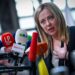 Italy’s Prime Minister Giorgia Meloni speaks to media after a EU Summit, at the EU headquarters in Brussels, on March 24, 2023. (Photo by JOHN THYS / AFP)