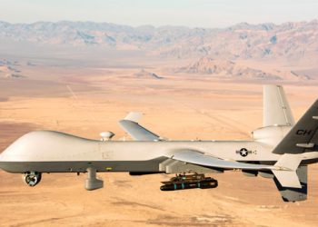 An MQ-9 Reaper unmanned aerial vehicle (UAV or drone) is seen flying over the Nevada Test and Training Range on January 14, 2020. AFP
