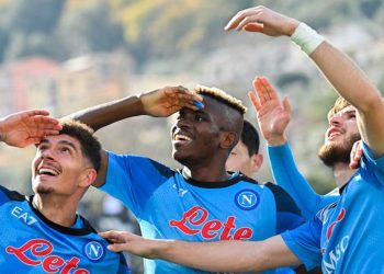 Osimhen (middle) celebrates his second goal against Spezia with his teammates