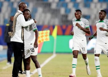 Ladan Bosso celebrates with his players against Mozambique. They face an uphill task against Uganda in the quater-finals