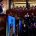 Spain’s Prime Minister Pedro Sanchez delivers a speech as Ukrainian President Volodymyr Zelensky appears on a screen to address the lower house by videoconference, at the Spanish Parliament in Madrid on April 5, 2022. – Zelensky compared Russia’s devastating assault on his country to the Nazis’ 1937 bombing of the town of Guernica in an address to Spain’s parliament. (Photo by JAVIER SORIANO / AFP)