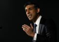 Britain’s Prime Minister Rishi Sunak delivers a speech about mathematics, on ending the “anti-maths mindset” to boost economic growth, during a visit at the London Screen Academy (LSA) in London in London, on April 17, 2023. (Photo by Kirsty Wigglesworth / POOL / AFP)