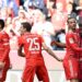 Bayern Munich's French forward Kingsley Coman (2nd R) celebrates scoring the 2-0 goal with his team-mates Bayern Munich's German midfielder Leroy Sane (C), Bayern Munich's Dutch midfielder Ryan Gravenberch (R) Bayern Munich's German forward Thomas Mueller and Bayern Munich's Portuguese defender Joao Cancelo (L) during the German first division Bundesliga football match between FC Bayern Munich and Hertha Berlin in Munich, southern Germany on April 30, 2023. (Photo by Christof STACHE / AFP) / DFL REGULATIONS PROHIBIT ANY USE OF PHOTOGRAPHS AS IMAGE SEQUENCES AND/OR QUASI-VIDEO  - DFL REGULATIONS PROHIBIT ANY USE OF PHOTOGRAPHS AS IMAGE SEQUENCES AND/OR QUASI-VIDEO