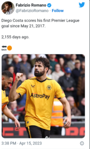 Diego Costa Finally Grabs His First Wolves Goal As He Scores In Premier League For first Time In Over 2,000 days!