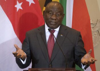 South African President Cyril Ramaphoasa speaks during a press conference during the visit of Singapore’s Prime Minister Lee Hsien Loong (not seen) at the South African Parliament in Cape Town on May 16, 2023. (Photo by RODGER BOSCH / AFP)