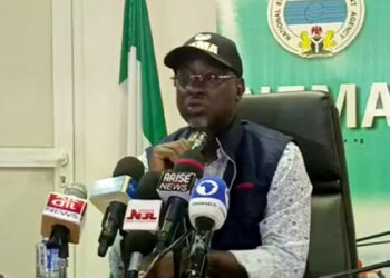 NEMA DG, Mustapha Ahmed at a briefing in Abuja on Sunday, May 14, 2023