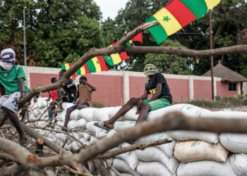 Protesters sit on top of sandbag barricades as they block the road to opposition leader Ousmane Sonkos house in Ziguinchor, Senegal on May 22, 2023. - Protesters have been blocking the roads in Ziguinchor to stop the arrest of opposition leader Ousmane Sonko ahead of his rape trail, which should start on May 24, 2023. (Photo by MUHAMADOU BITTAYE / AFP)