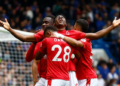 Taiwo Awoniyi celebrates one of his goals against Chelsea in Nottingham Forest’s 2-2 draw at Stamford Bridge. Photo: Reuters