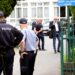 Bosnian police secure the area after a shooting at an elementary school in the northeastern Bosnian city of Lukavac on June 14, 2023. – One person was seriously injured, according to officials, and a minor had been arrested, while “firearms and other discarded items are secured until the investigation begins, the interior ministry of Tuzla canton said in a statement. (Photo by STRINGER / AFP)