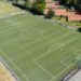 A photo taken on May 31, 2023 shows an aerial view of the football pitch of SV Viktoria Preussen in the Frankfurt district of Eckenheim, western Germany, where after a football tournament on May 28, a 15-year-old player from Berlin was seriously injured by a 16-year-old from France by blows to the head. - The 15-year-old Berlin teenager, very seriously injured by a player of the French club Metz during a fight after a match of an international tournament in Frankfurt, has died, German police said on May 31, 2023. (Photo by Boris Roessler / dpa / AFP) / Germany OUT / GERMANY OUT