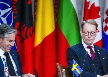 US Secretary of State Antony Blinken (L) and Sweden's Foreign Minister Tobias Billstrom attend an informal meeting of NATO Foreign Affairs Ministers at The Oslo City Hall in Oslo, Norway on June 1, 2023. (Photo by Lise ASERUD / POOL / AFP)