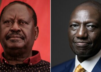 This combination of file pictures created on July 25, 2023 shows Raila Odinga (L) the leader of the Kenyan opposition coalition “Azimio la Umoja” in Nairobi on March 28, 2023 and Kenya’s President William Ruto (R) during a photo session at the Palais Brongniart in Paris on June 22, 2023. Kenyan President William Ruto said on July 25, 2023 that he is ready to meet opposition leader Raila Odinga “anytime” after months of anti-government protests that have sparked international alarm and calls for dialogue. (Photo by Yasuyoshi CHIBA and Joël SAGET / AFP)