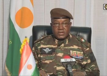 General Abdourahamane Tchiani, Niger Republic new strongman, speaking on national television (Photo by – / ORTN – Télé Sahel / AFP)