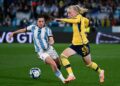 Sweden’s defender #05 Anna Sandberg (R) and Argentina’s midfielder #07 Romina Nunez fight for the ball during the Australia and New Zealand 2023 Women’s World Cup Group G football match between Argentina and Sweden at Waikato Stadium in Hamilton on August 2, 2023. (Photo by Saeed KHAN / AFP)