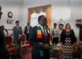 Zimbabwean President Emmerson Mnangagwa (C) receives members of the EU Election Observation Mission for a courtesy call at State House in Harare on August 21 2023. – Zimbabweans will head to the polls on August 23, 2023 to vote in general and presidential elections. (Photo by Jekesai NJIKIZANA / AFP)