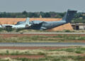A French airforce plane is seen at the French aribase in Niamey in Niger on September 22, 2023. (Photo by AFP)