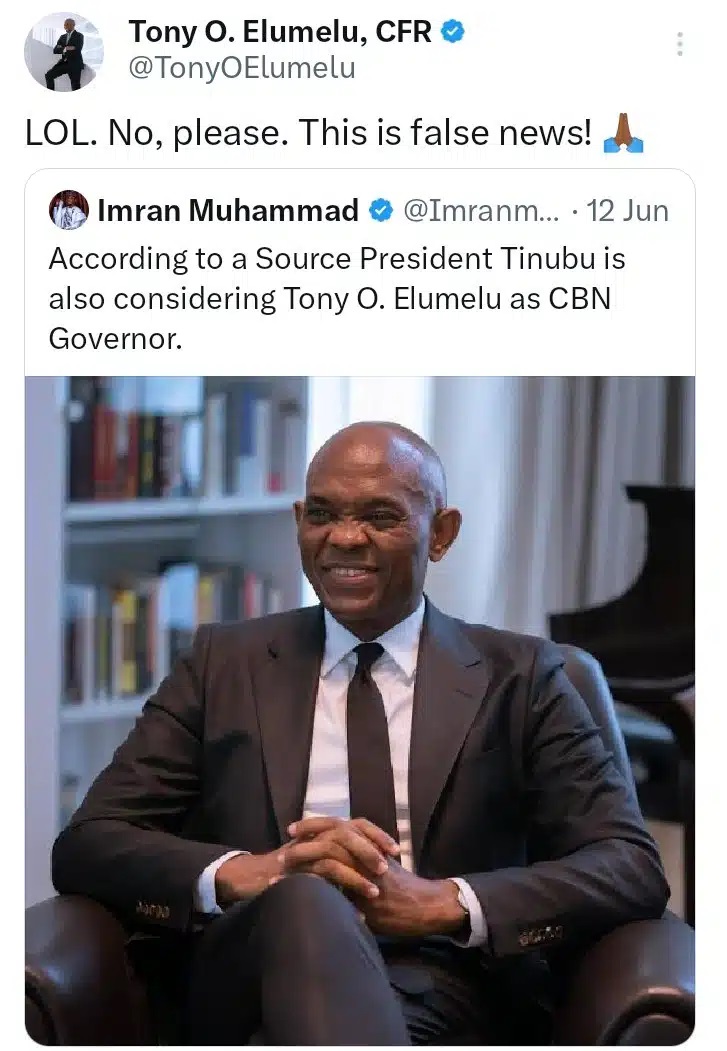 tony1 1 Billionaire businessman, Tony Elumelu reacts to claims that President Tinubu plans to make him CBN governor