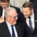 Estonian Defence Minister Hanno Pevkur (R) greets Canada’s Defence Minister Bill Blair (L) before an official family photo with other attendees of the NATO Council Defence Ministers Session at the NATO headquarters in Brussels on October 12, 2023. – NATO countries told Israel’s defence minister they stood by his country after the attack by Hamas, but urged his forces to respond with “proportionality”, the alliance said. (Photo by SIMON WOHLFAHRT / AFP)