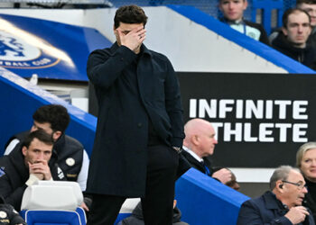 FILE: Chelsea’s Argentinian head coach Mauricio Pochettino reacts during the English Premier League football match between Chelsea and Wolverhampton Wanderers at Stamford Bridge in London on February 4, 2024. (Photo by Ben Stansall / AFP) /