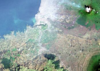 The volcanic Mount Nyiragongo stands within the Virunga National Park near Goma, the Democratic Republic of Congo, in this satellite image taken on August 9, 2023